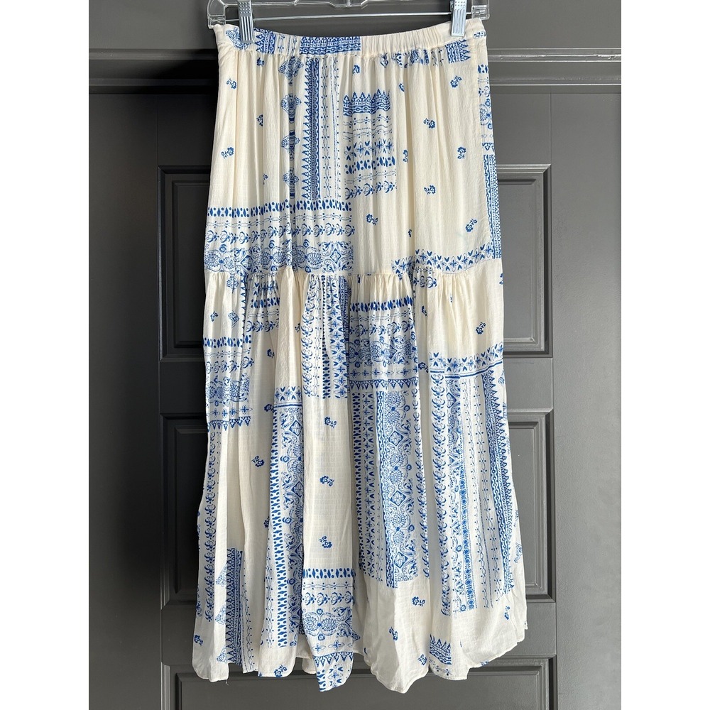Ba&sh Skirt Women Small Londer Midi Ecru Blue Folklore Block Print Bash FLAWED - Picture 3 of 14